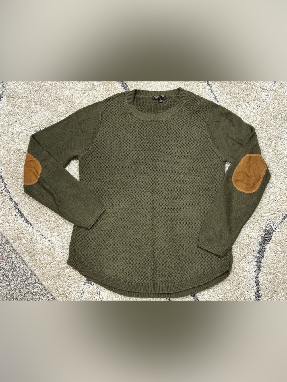 Olive Green Women’s Knit Sweater with Brown Elbow Patches Size M